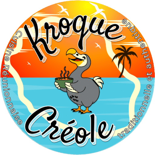 Logo Kroque Créole : marmite réunionnaise dont la vapeur forme la carte de La Réunion — traiteur créole à Verdun (Meuse).
